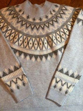 Alfred Dunner Women's Light Blue and Cream Fair Isle Turtleneck Sweater